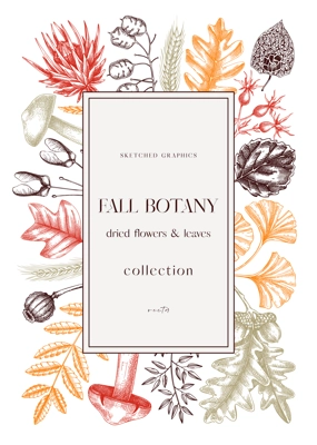 Autumn design with fall leaves and dried flowers. Thanksgiving background. Fall card or invitation. Sketched dried flowers, falling leaves, mushrooms, seeds frame. Botanical illustration in color